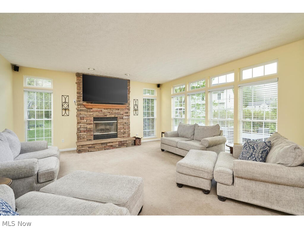 5172 Shillings Way Akron, OH 44321 - Photo 6 of 26 Carpeted living room featuring brick wall, a stone fireplace, a wealth of natural light, and a textured ceiling