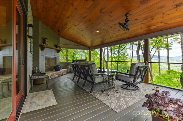 a porch with seating space