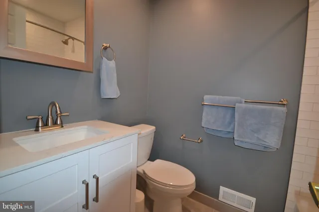 a bathroom with a sink a toilet and mirror