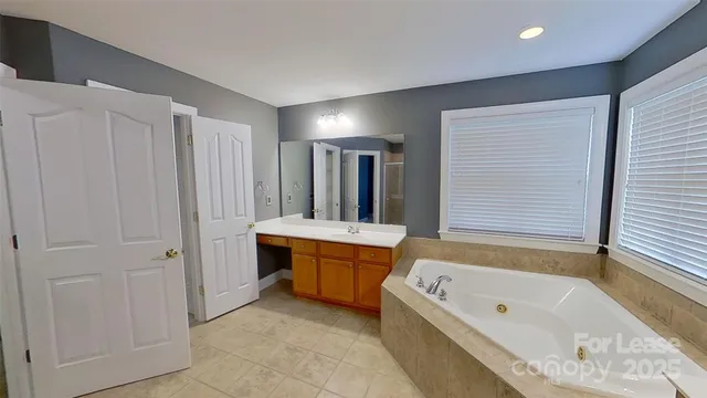 a bathroom with a tub a sink and a large mirror
