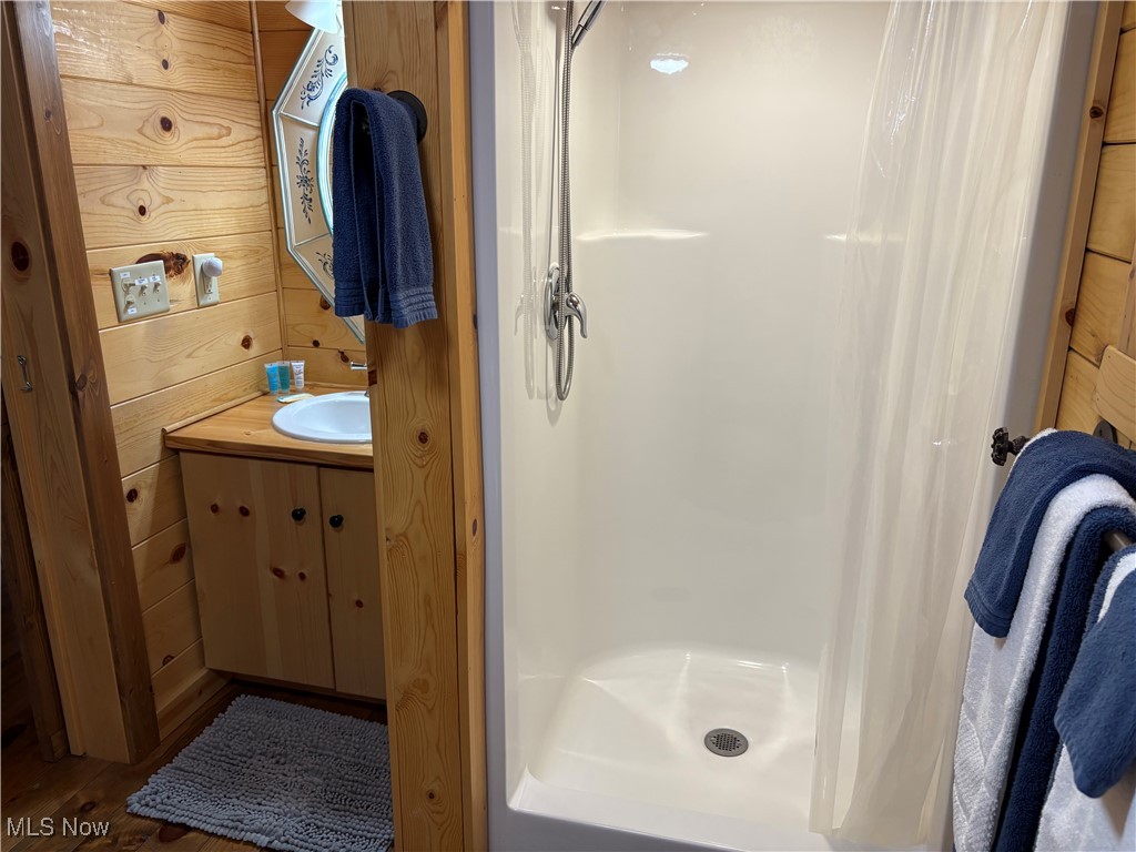 5919 Lake Road West, Unit 13 Ashtabula, OH 44004 - Photo 16 of 35 Full bathroom featuring a stall shower, vanity, wood walls, and dark wood-style flooring
