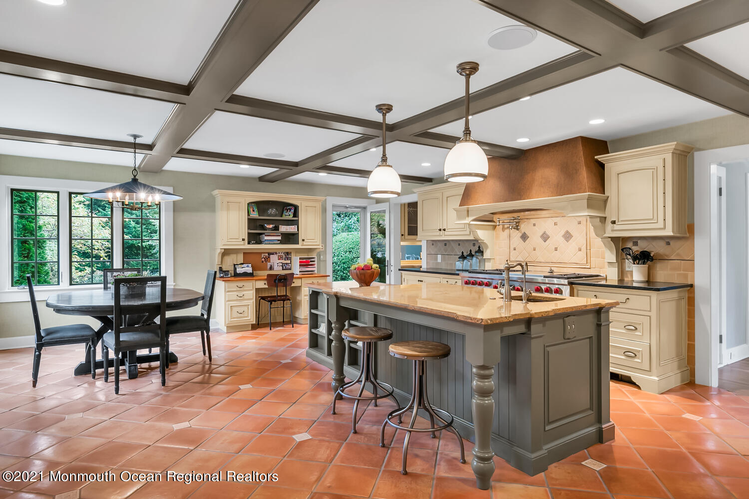162 Black Point Road Rumson, NJ 07760 - Photo 5 of 58 a kitchen with stainless steel appliances granite countertop a stove oven a dining table and chairs with the floor to ceiling window