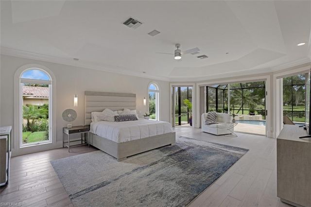 a spacious bedroom with a large bed and a large window