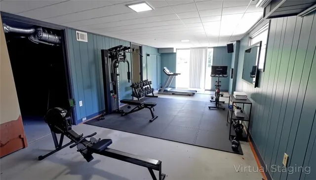 a view of a room with gym equipment
