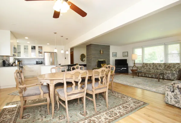 a view of a dining room with furniture