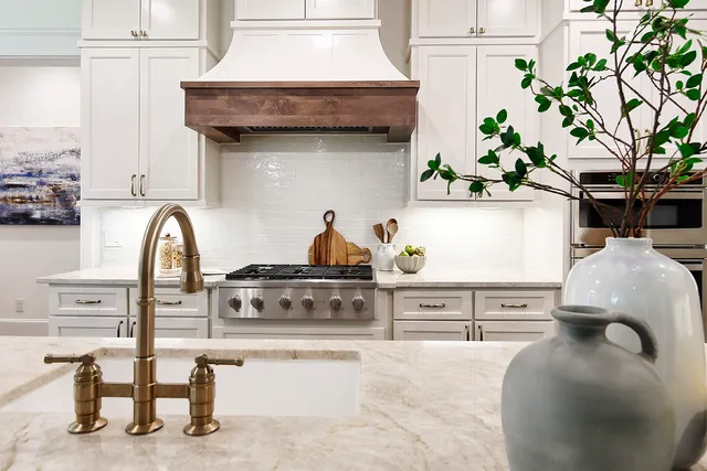 a kitchen with white cabinets and a potted plant