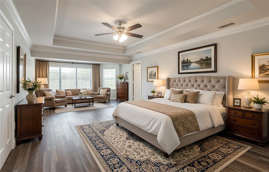 13 Crestview Circle Rockwall, TX 75087 - Photo 21 of 37 a spacious bedroom with a bed a couch and a chandelier
