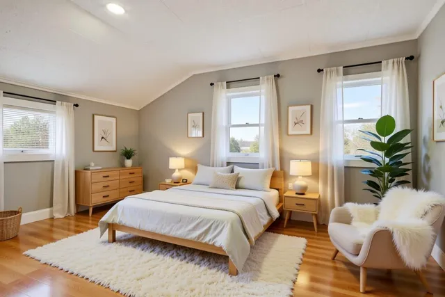 a bedroom with a bed and wooden floor