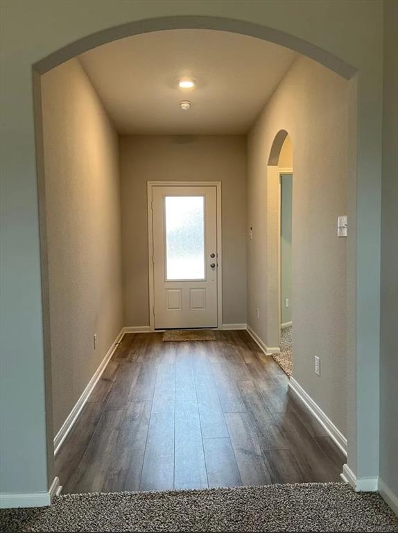 2013 Emma Court Anna, TX 75409 - Photo 11 of 20 Entryway featuring an arched opening, wood-finish flooring, recessed lighting, and a white door with frosted glass