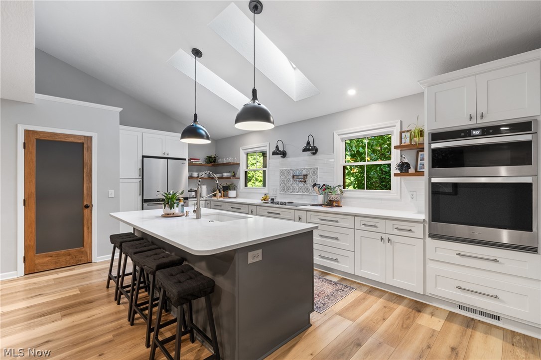 2119 Johns Road Clinton, OH 44216 - Photo 18 of 48 Kitchen featuring skylights, wood-finish flooring, a central island with an undermount sink, built-in stainless steel appliances, and white cabinetry