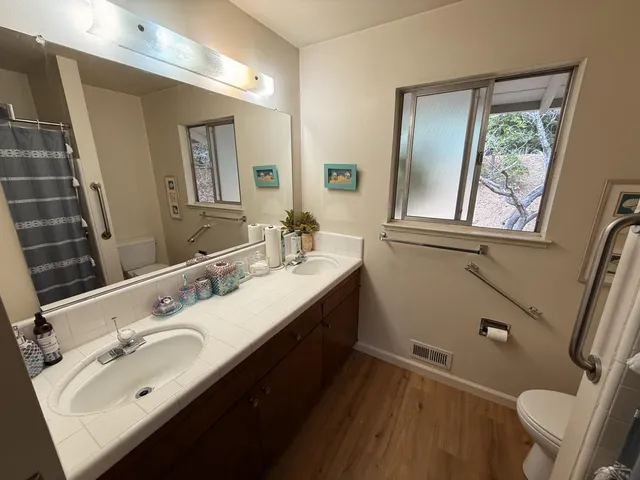 a bathroom with a double vanity sink mirror and toilet