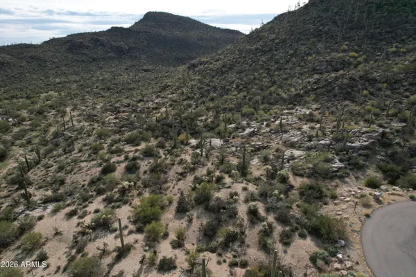 a view of a dry yard with mountains in the background