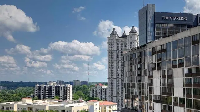 a city view with tall buildings
