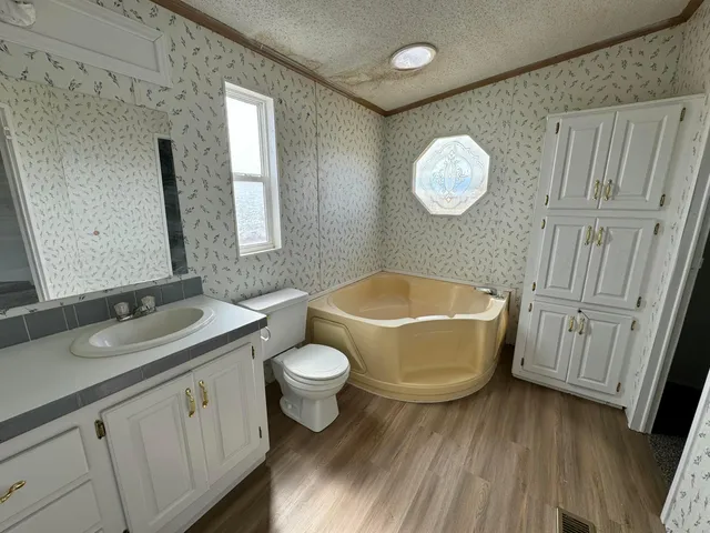 a bathroom with a granite countertop sink mirror vanity and toilet