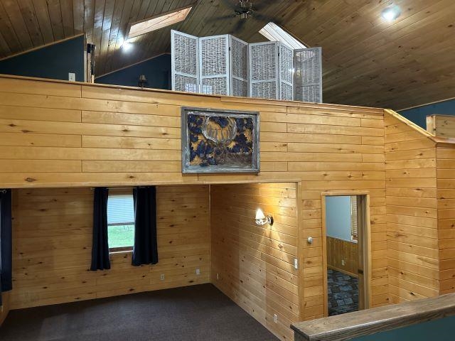 8353 Mannik Road Iron River, WI 54847 - Photo 28 of 48 Detailed view of carpet flooring, wooden walls, and wooden ceiling