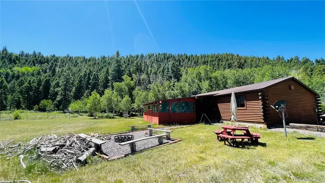a view of a backyard with plants and outdoor seating