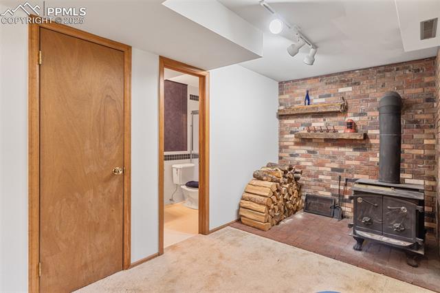 5580 Moosa Road Cascade, CO 80809 - Photo 26 of 35 Carpeted living area featuring a wood stove and rail lighting
