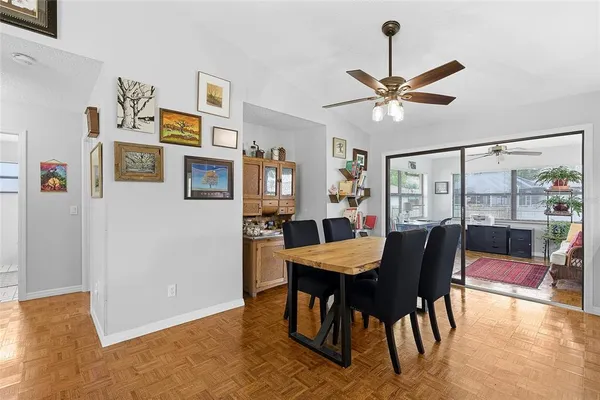 a view of a dining room with furniture