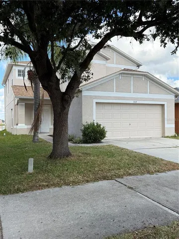 a view of a yard in front of a house with plants and large tree