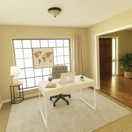a living room with furniture a rug and a large window