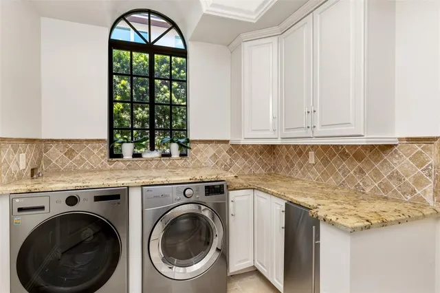 a view of cabinets and window