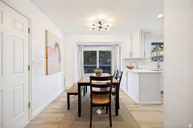 1723 Albury Road Sandy, UT 84092 - Photo 5 of 23 Open concept dining area featuring light wood-finish flooring and a contemporary sputnik chandelier