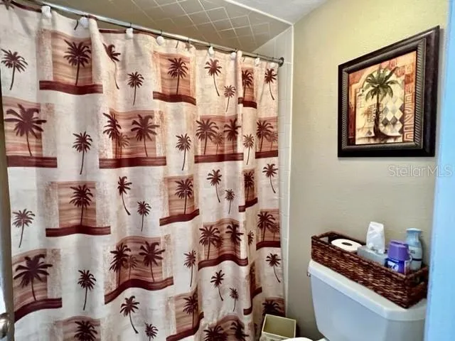 a bathroom with mirror and shower curtain