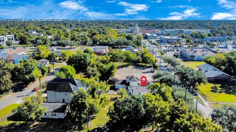 a view of a city and flowers around
