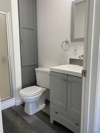 a bathroom with a sink toilet and a mirror