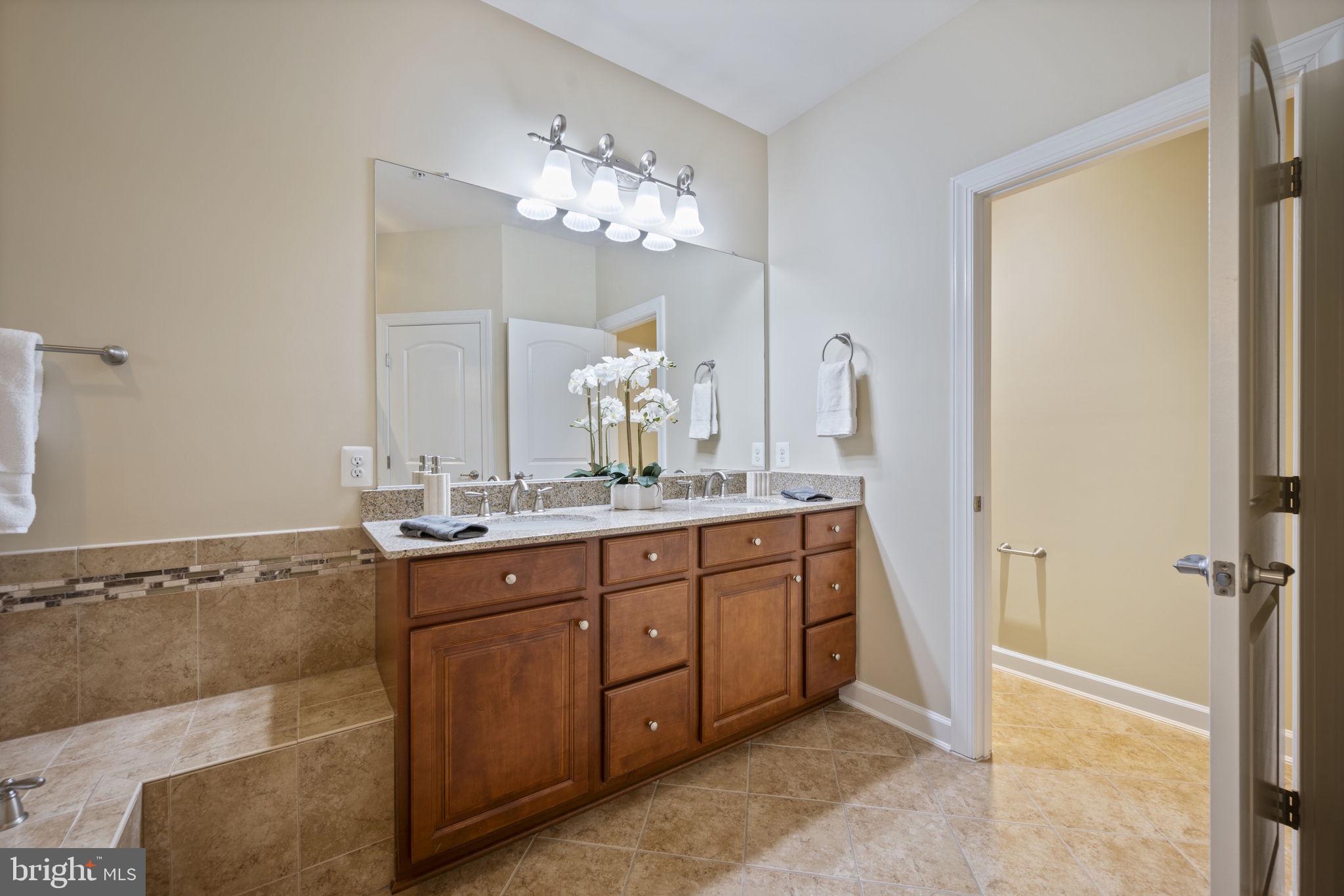 8976 Tawes Street Fulton, MD 20759 - Photo 39 of 65 a spacious bathroom with a granite countertop sink a mirror and a shower