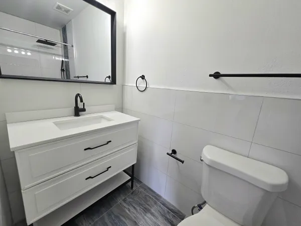 a bathroom with a sink a toilet and mirror