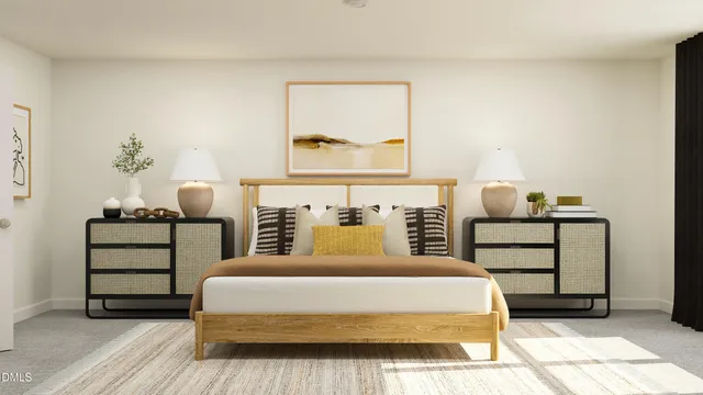 a bedroom with a bed and a night stand