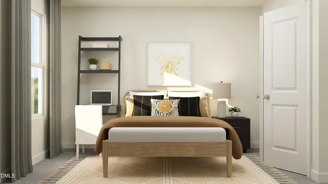 a bedroom with a bed and a mirror