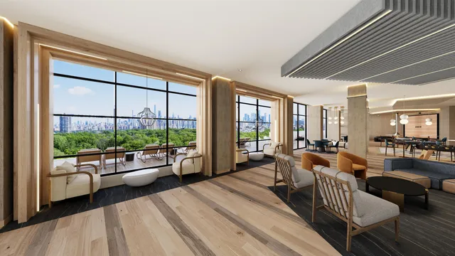 a living room with furniture and a floor to ceiling window