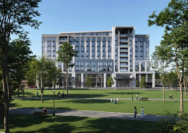 front view of a building with a yard