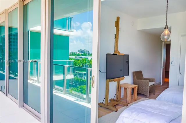 a room with table and mirror