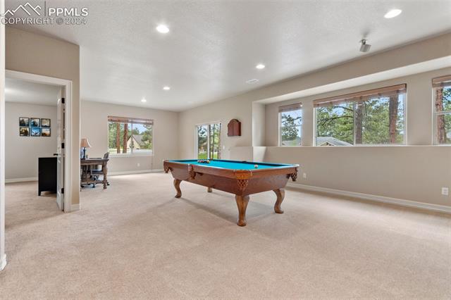 7880 Monarch Road Larkspur, CO 80118 - Photo 22 of 25 Rec room featuring light colored carpet, pool table, and a textured ceiling