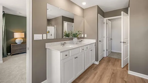 a bathroom with a sink a mirror and a shower