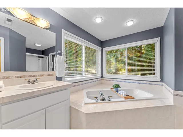 a bathroom with a sink vanity and a mirror