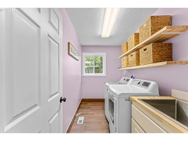 a view of a yard with plants and large trees