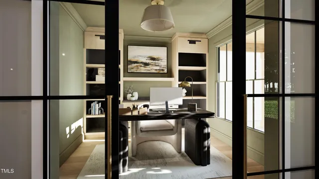 a dining room with furniture and window