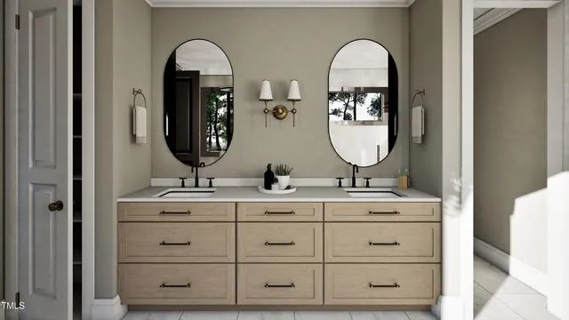 a bathroom with a double vanity sinks and a two mirror