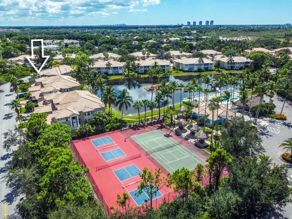 an outdoor view with seating area