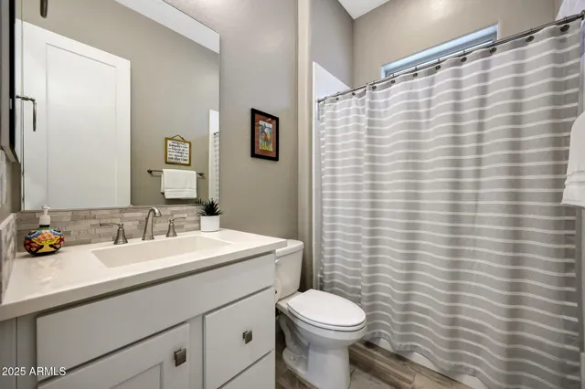 a bathroom with a sink a toilet and mirror