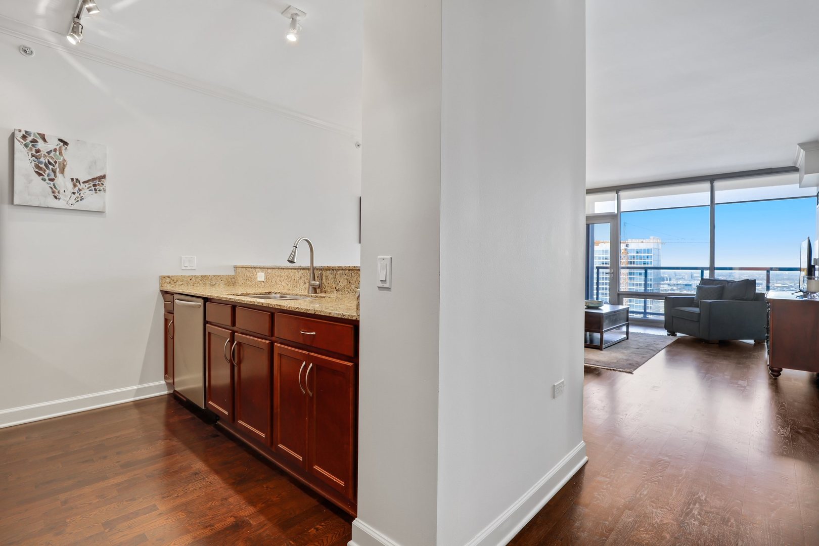 100 East 14th Street, Unit 1908 Chicago, IL 60605 - Photo 9 of 20 a kitchen with a sink and a wooden cabinets