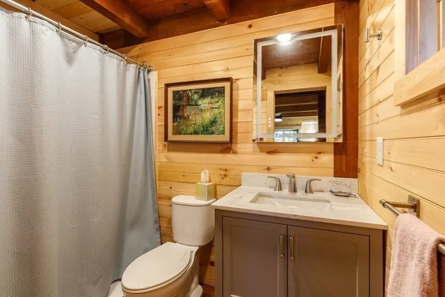 a bathroom with a sink mirror vanity and toilet