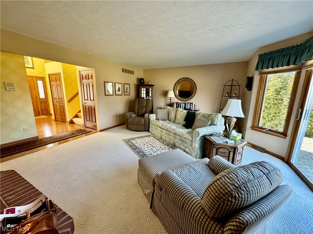 9615 Johnnycake Ridge Road Mentor, OH 44060 - Photo 8 of 35 Carpeted living room, with fireplace and sliding glass door to patio and backyard