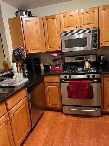 a kitchen with stainless steel appliances a stove a microwave a sink and cabinets