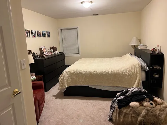 a bedroom with a bed and a closet