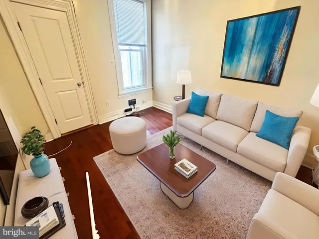 a living room with furniture and a potted plant
